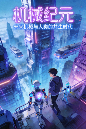 动漫《机械纪元》海报，未来机械都市与人类共存主题