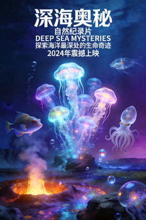 自然纪录片《深海奥秘》海报，展示深海奇异生物与景观